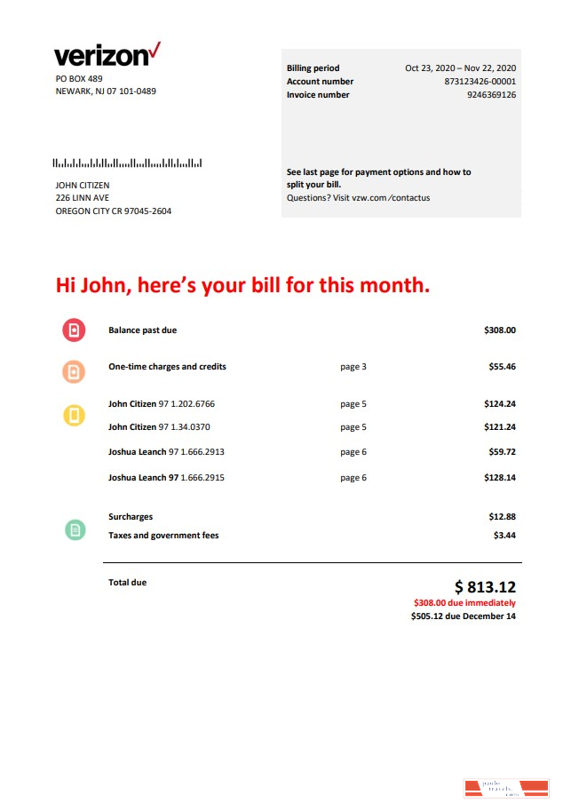 USA Verizon telecommunications utility bill template in Word and PDF format